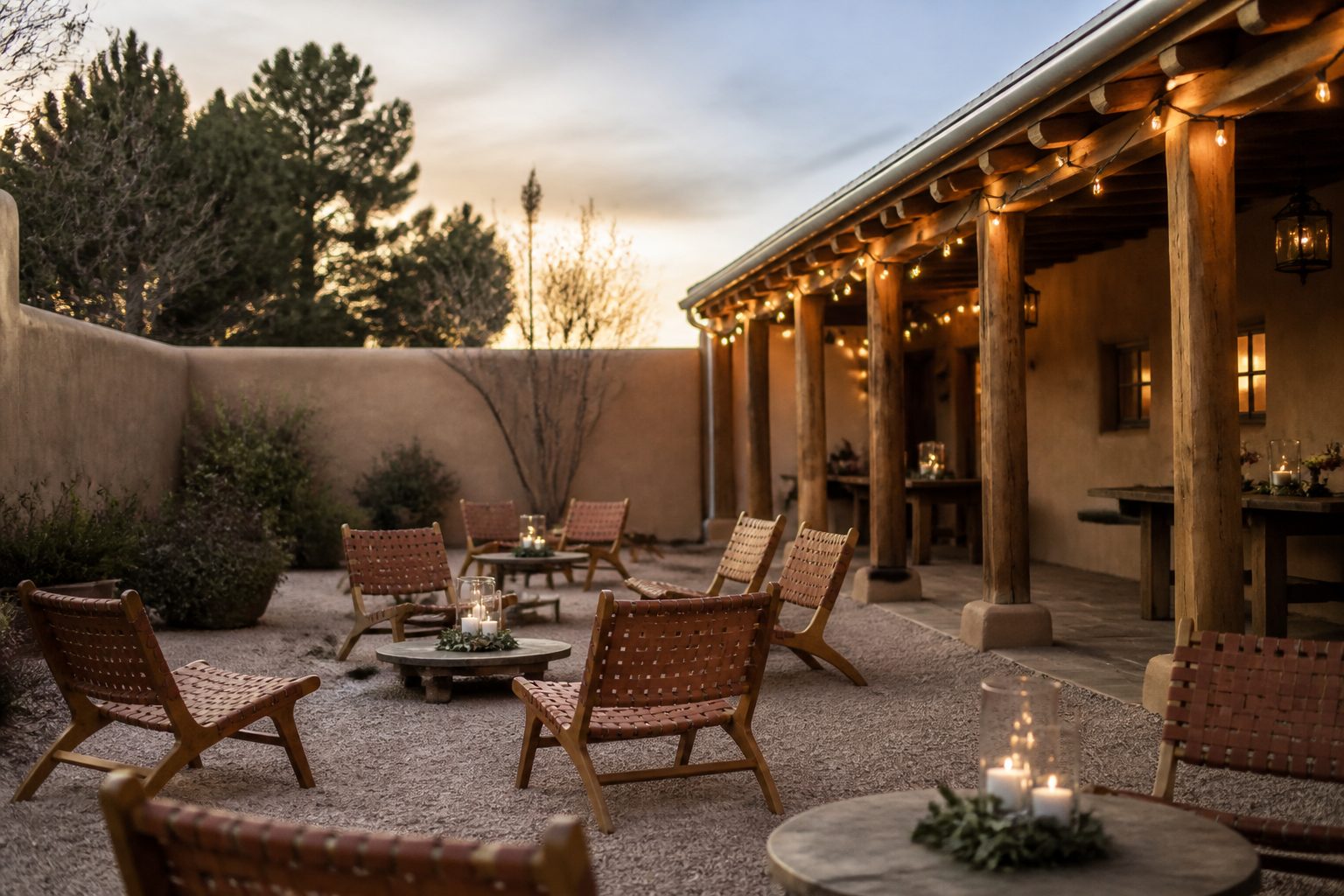 A walled adobe courtyard at dusk with a covered portal along one side, strings of small lights between the timber posts and chairs set out on gravel