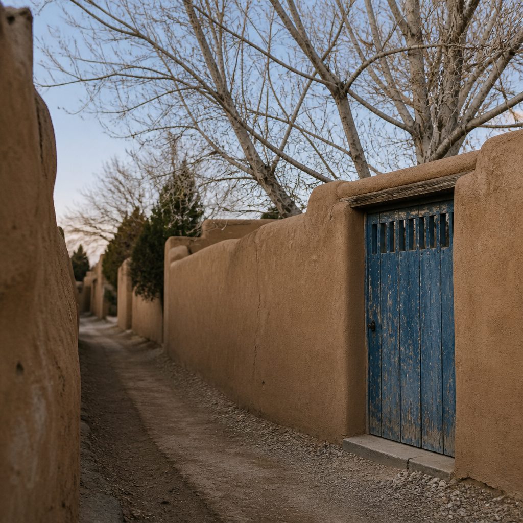 A narrow Santa Fe lane running between high adobe walls, with a weathered blue-painted wooden gate, bare cottonwood branches overhead and no sidewalk