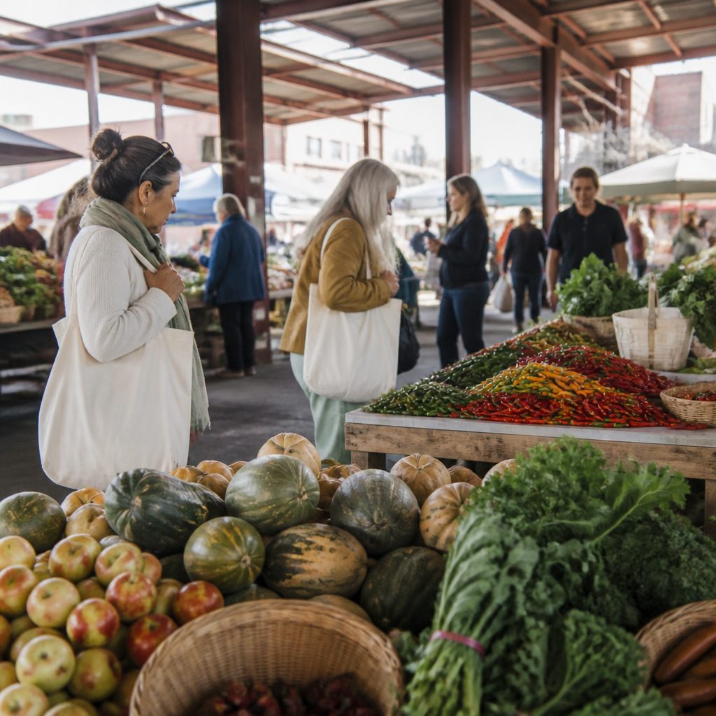 Stalls of squash, apples, chiles and bunched greens under the open steel pavilion of the Railyard farmers market on a Saturday morning, with shoppers carrying cloth bags