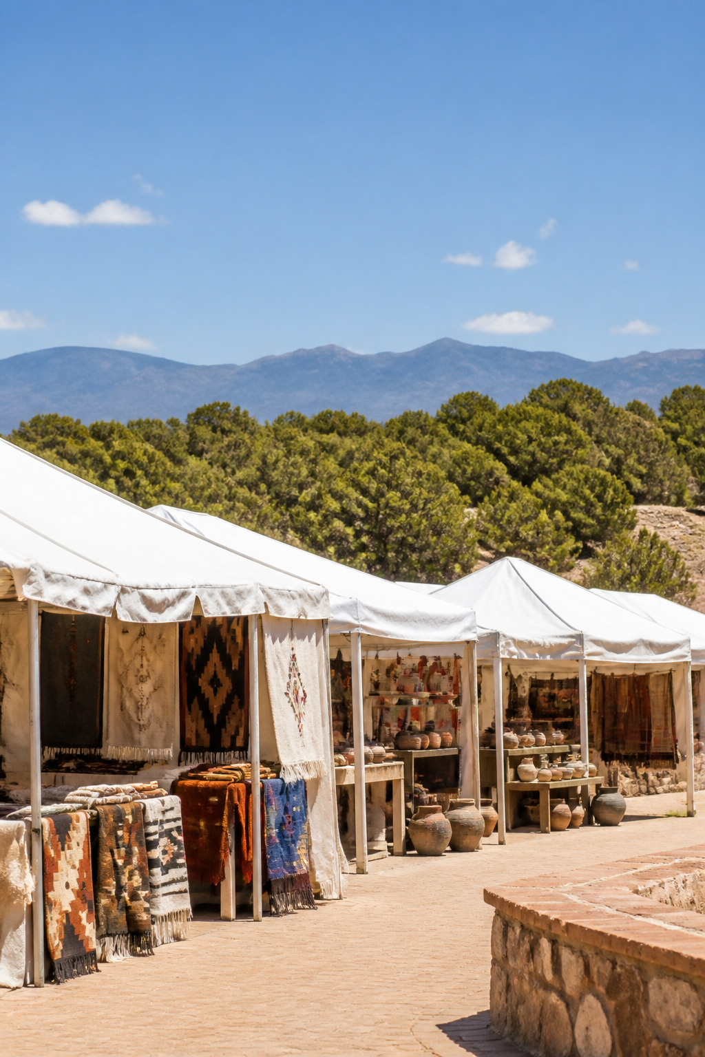 Rows of white open-sided market tents on a hilltop plaza under hard midday sun, hung with woven textiles and stacked ceramics, with pinon-juniper slopes and a distant mountain skyline behind
