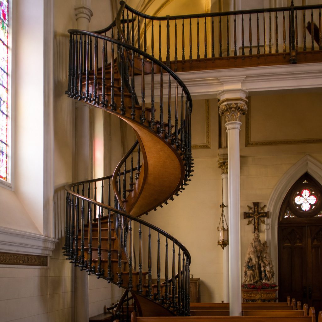 The spiral wooden staircase inside Loretto Chapel, curving upward in two full turns without a visible central column