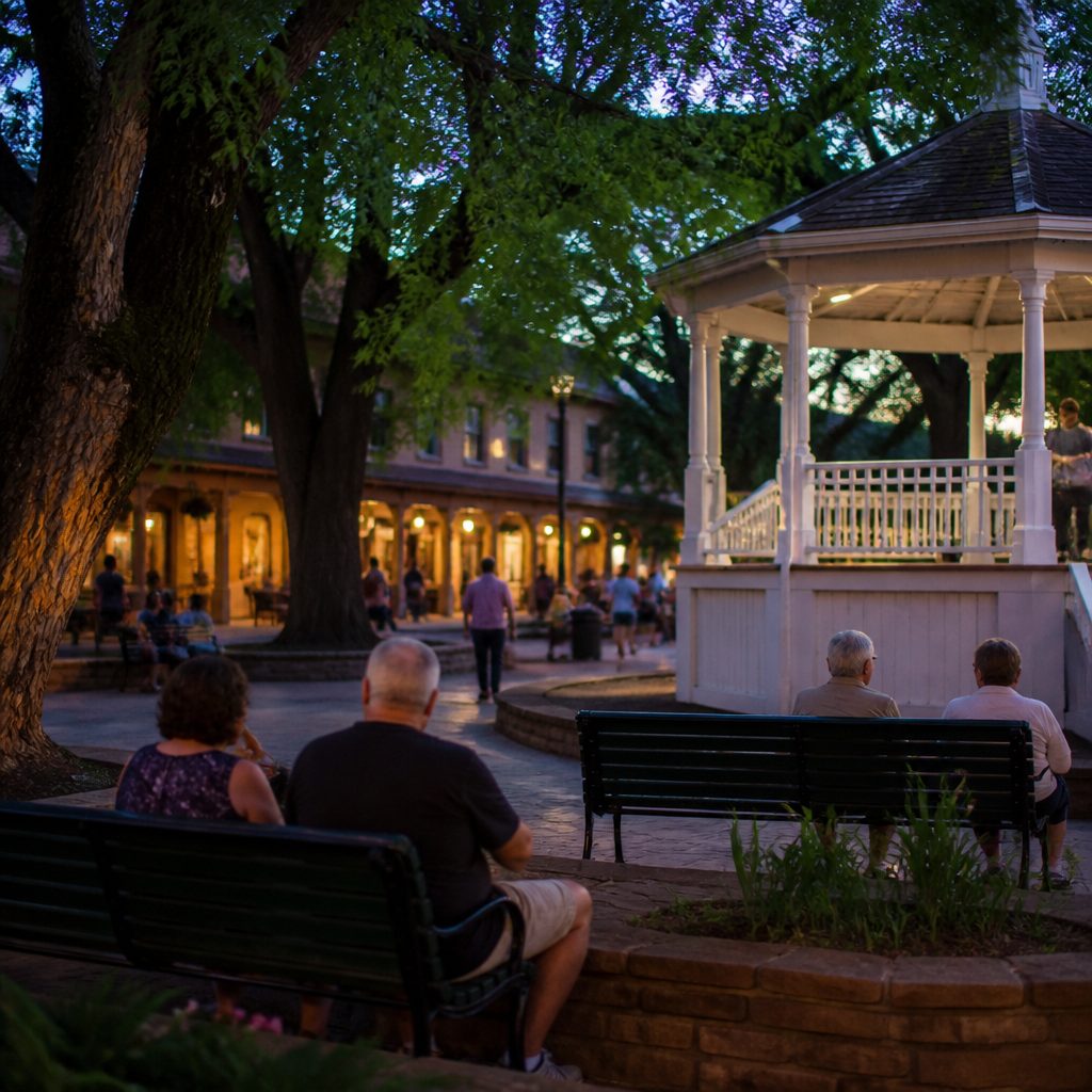 Evening on the Santa Fe Plaza in summer: people sitting on benches around a white wooden bandstand under old trees, with lit shopfronts beneath a covered walkway behind