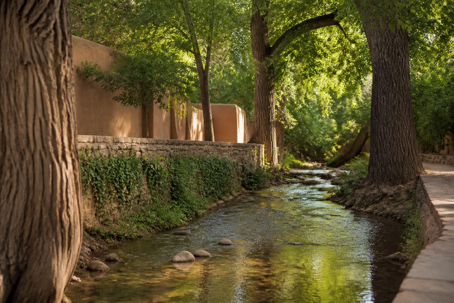 The shallow Santa Fe River running between old cottonwood trees and a low stone wall, with adobe walls behind