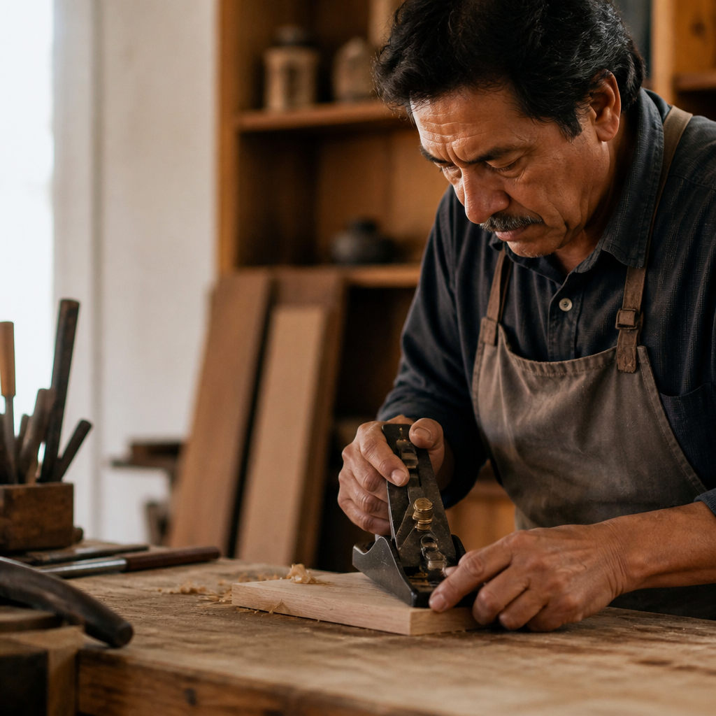 A carpenter's bench with a hand-adzed pine panel part painted with a saint's image, small dishes of ground earth pigments, a gesso pot and worn brushes in raking window light